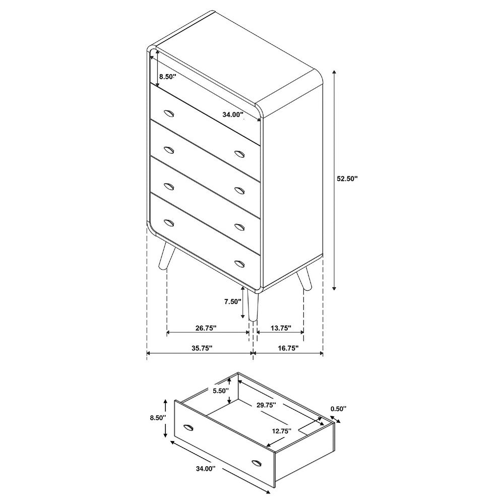 Ryb Tall Dresser Chest with 5 Drawers | Angled Legs | Brown Rubber Wood