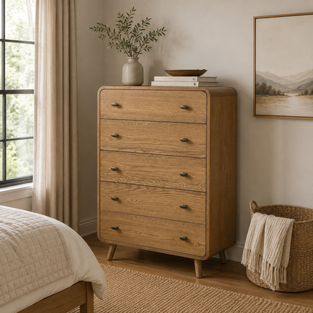 Ryb Tall Dresser Chest with 5 Drawers | Angled Legs | Brown Rubber Wood