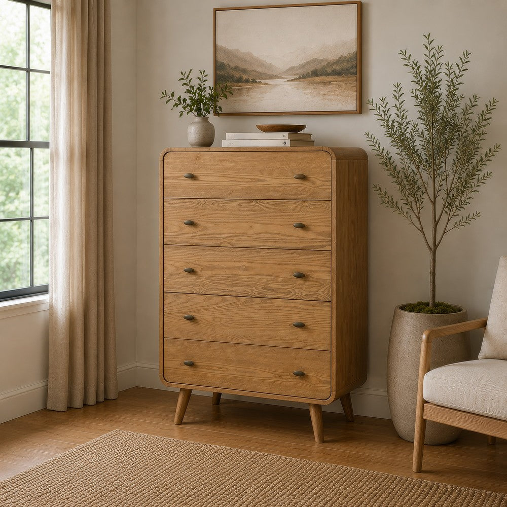Ryb Tall Dresser Chest with 5 Drawers | Angled Legs | Brown Rubber Wood