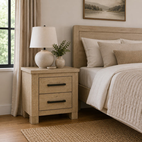 Tyna Nightstand with 2 Drawers | Black Metal | Weathered Oak Wood 26"