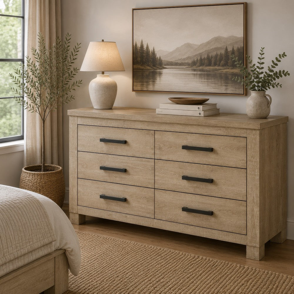 Tyna Wide Dresser with 6 Drawers | Dark Bronze Metal | Weathered Oak Beige