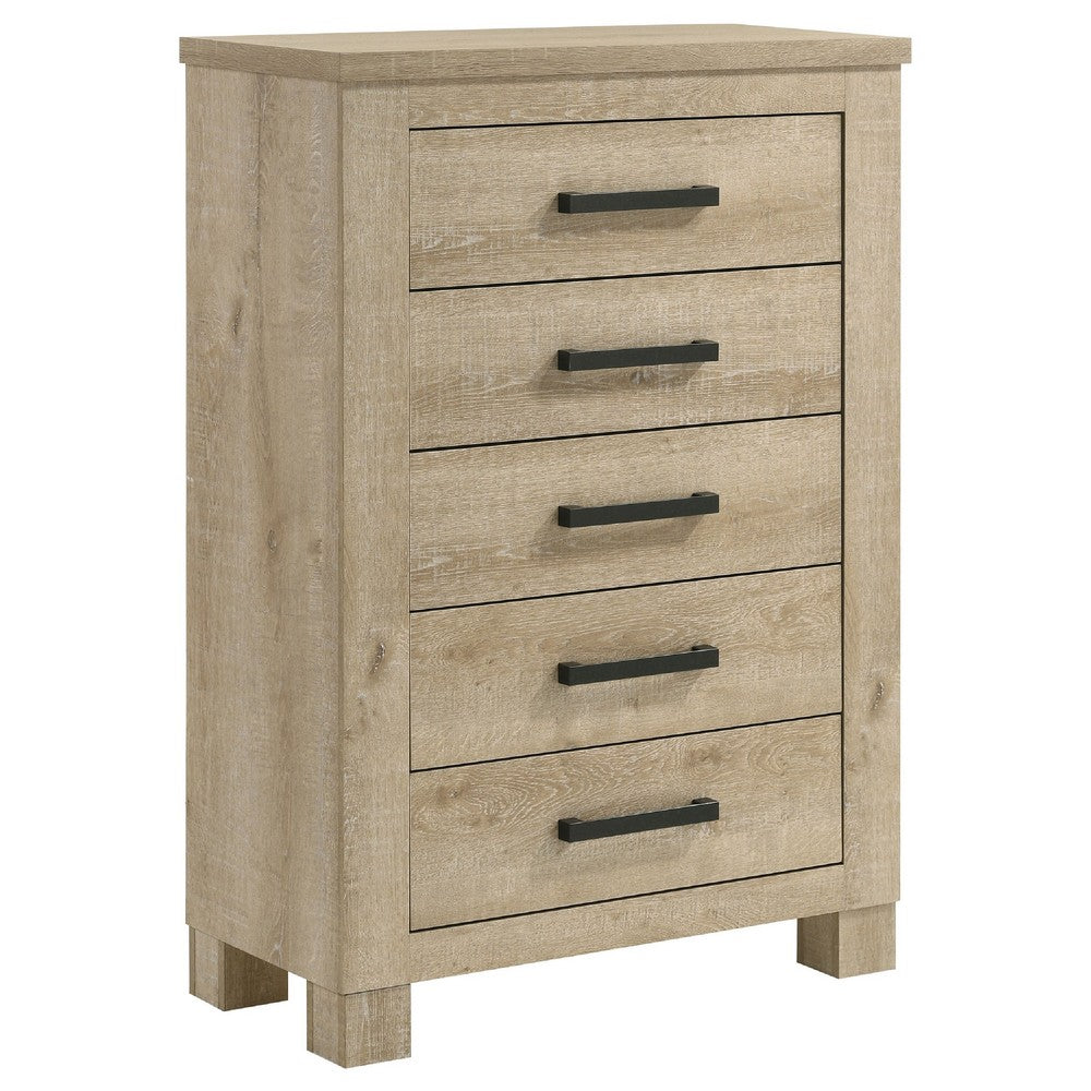 Tyna Tall Dresser Chest with 5 Drawers | Bronze Metal | Weathered Oak Beige