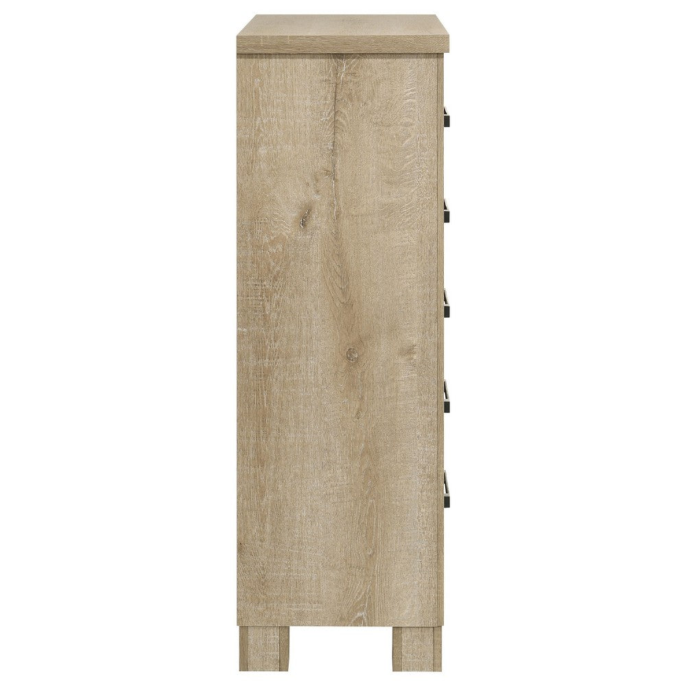 Tyna Tall Dresser Chest with 5 Drawers | Bronze Metal | Weathered Oak Beige