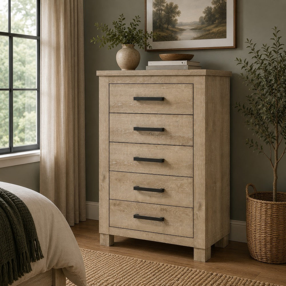 Tyna Tall Dresser Chest with 5 Drawers | Bronze Metal | Weathered Oak Beige