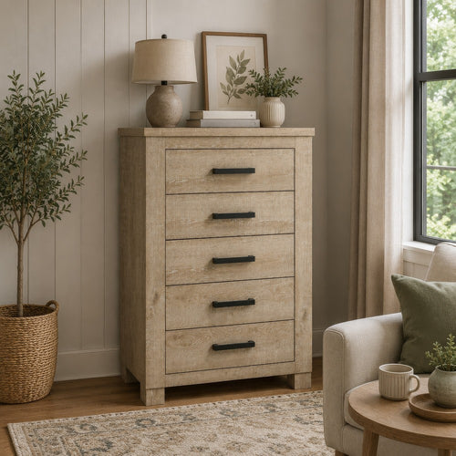 Tyna Tall Dresser Chest with 5 Drawers | Bronze Metal | Weathered Oak Beige
