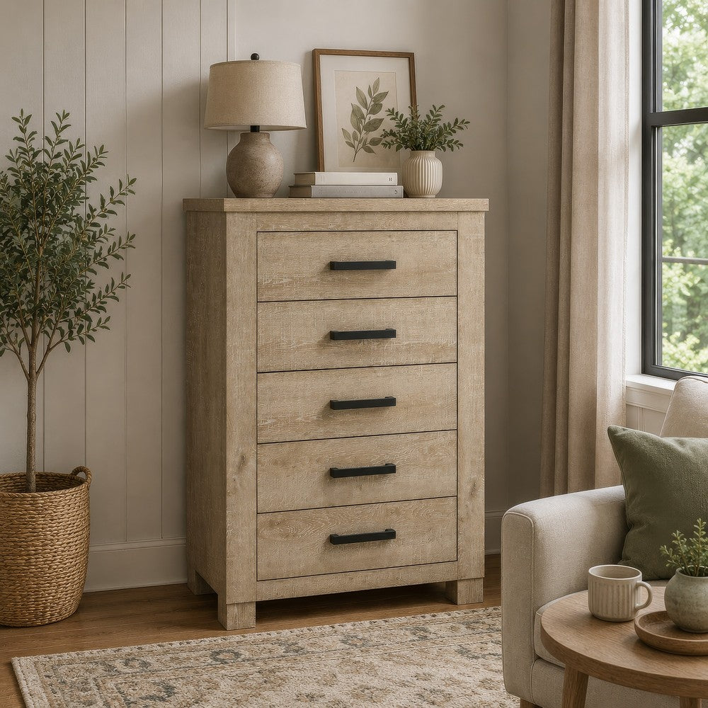 Tyna Tall Dresser Chest with 5 Drawers | Bronze Metal | Weathered Oak Beige