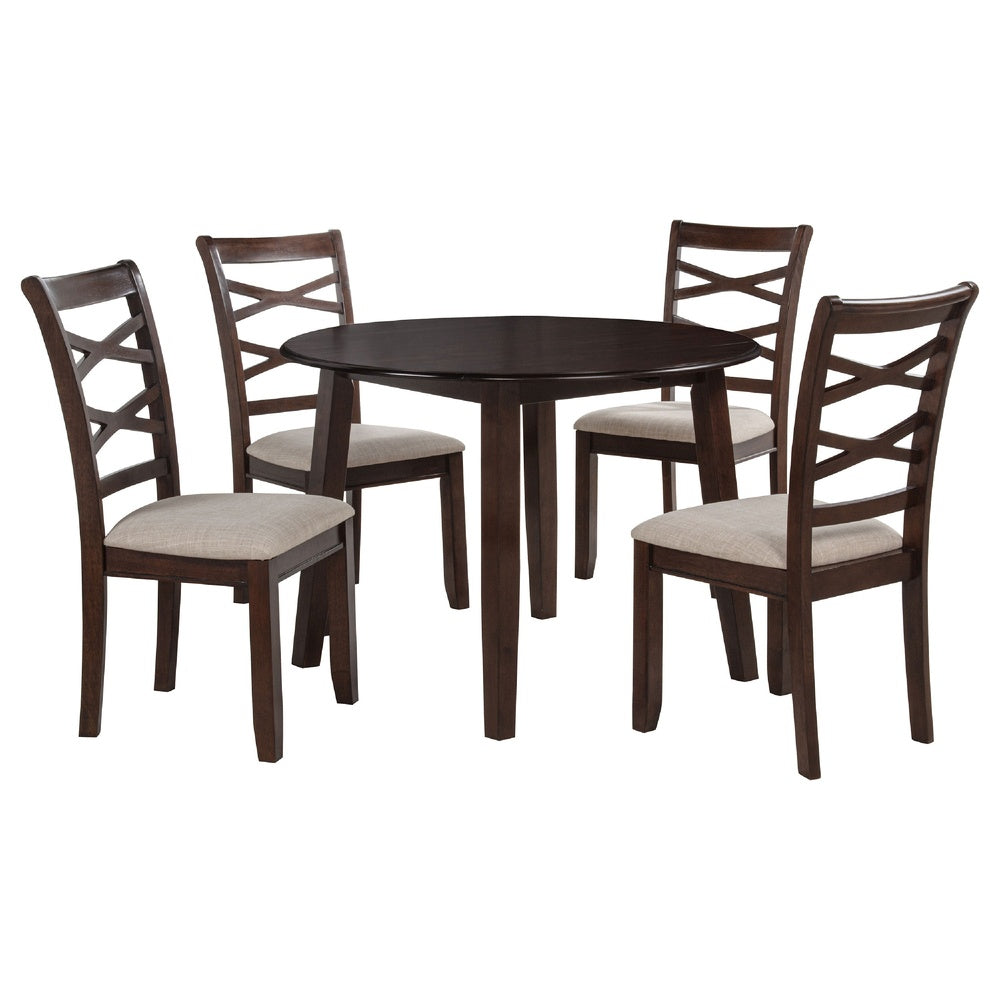 Baron 5pc Round Dining Table Set | 4 Chairs | 2 Drop Leaves | Brown