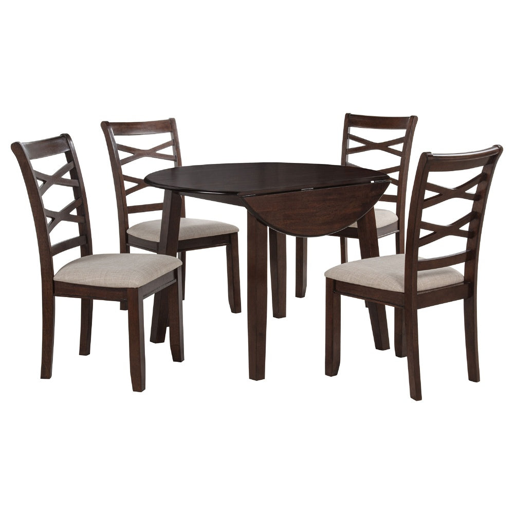 Baron 5pc Round Dining Table Set | 4 Chairs | 2 Drop Leaves | Brown