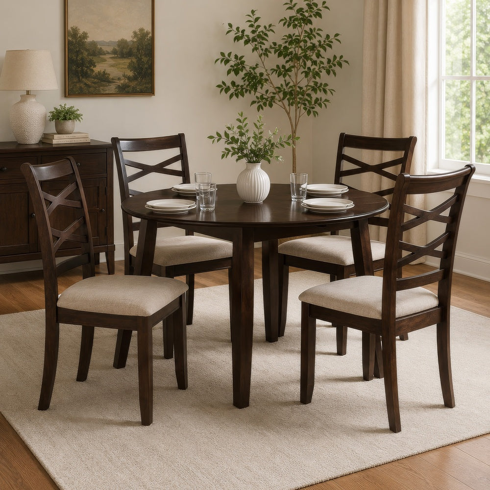 Baron 5pc Round Dining Table Set | 4 Chairs | 2 Drop Leaves | Brown