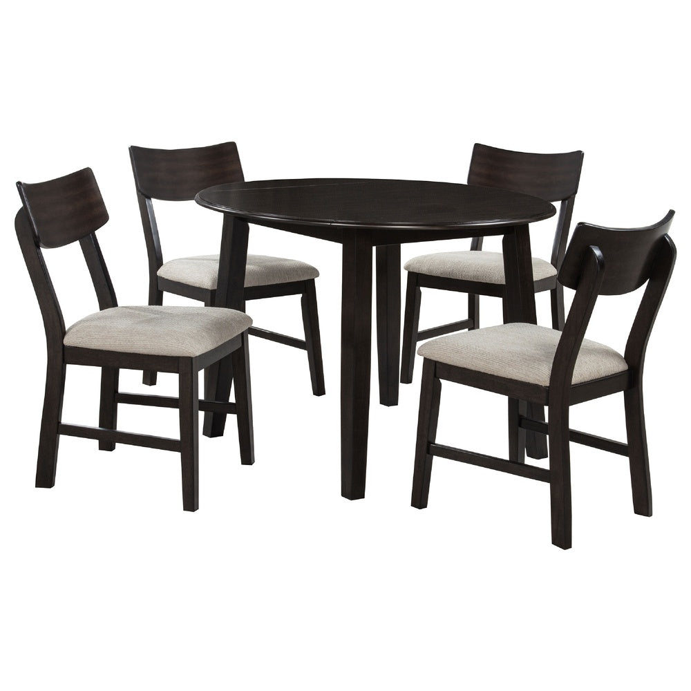 Caty 5pc Round Dining Table Set | 4 Chairs | 2 Drop Leaves | Brown