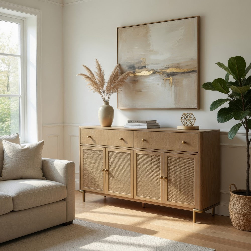 Fij Sideboard Server | 2 Drawers | 4 Rattan Cane Woven Doors | 65" Brown