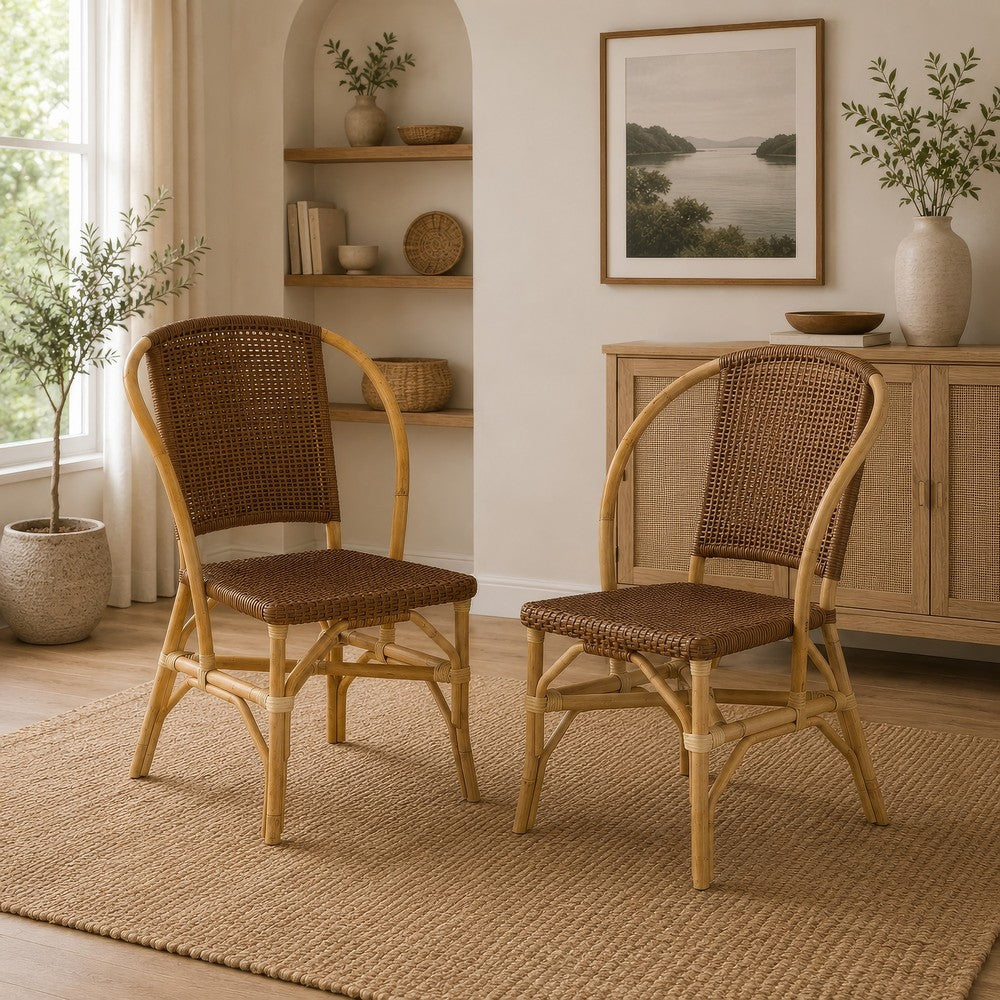 Jena Dining Side Chair Set of 2 | Rattan Woven | Curved Back | Brown