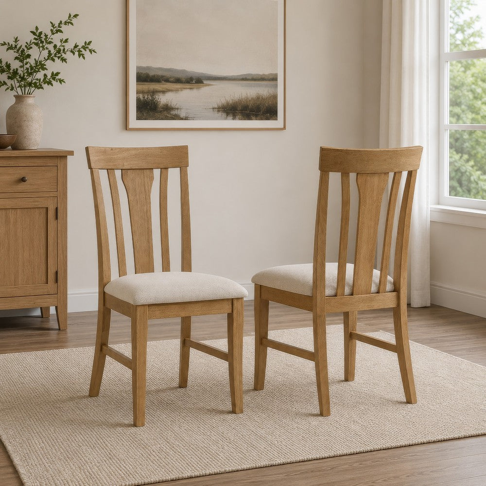 Kema Dining Side Chair Set of 2 | Slatted Back | Padded Tan Seat | Brown