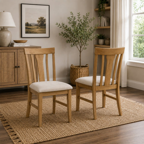 Kema Dining Side Chair Set of 2 | Slatted Back | Padded Tan Seat | Brown