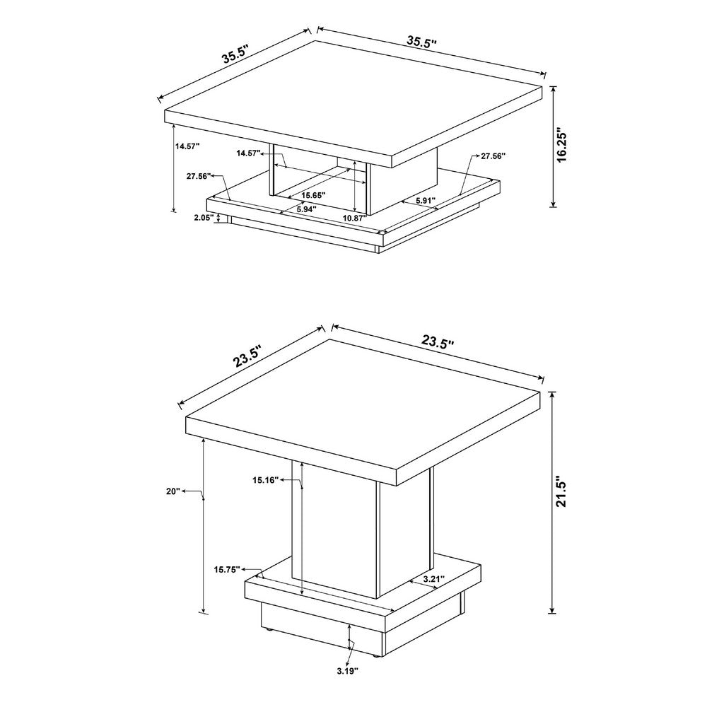 Reese 2Pc 36" Square Coffee and End Table Set | Tiered Design | Brown Wood