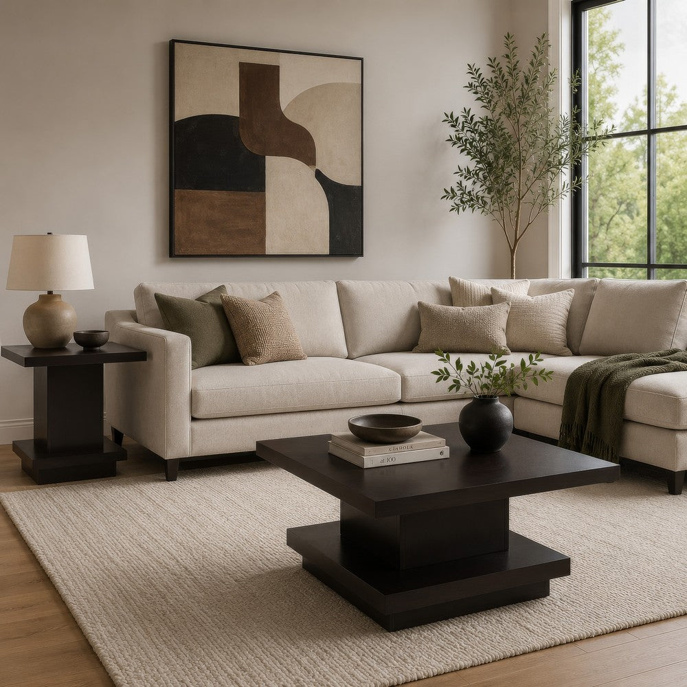Reese 2Pc 36" Square Coffee and End Table Set | Tiered Design | Brown Wood