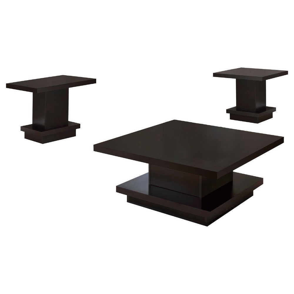Reese 3Pc Square Coffee and End Tables Set | Tiered Design | Brown Wood