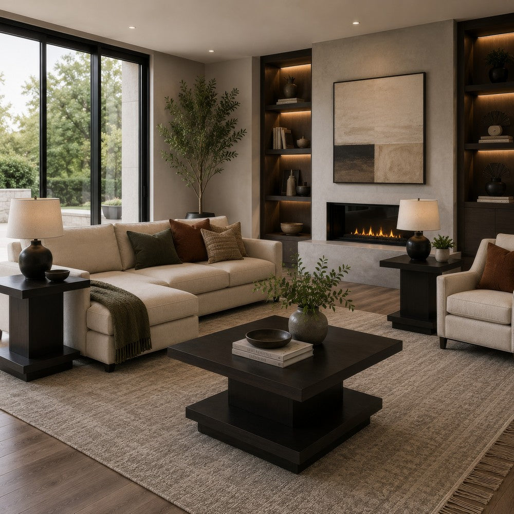Reese 3Pc Square Coffee and End Tables Set | Tiered Design | Brown Wood