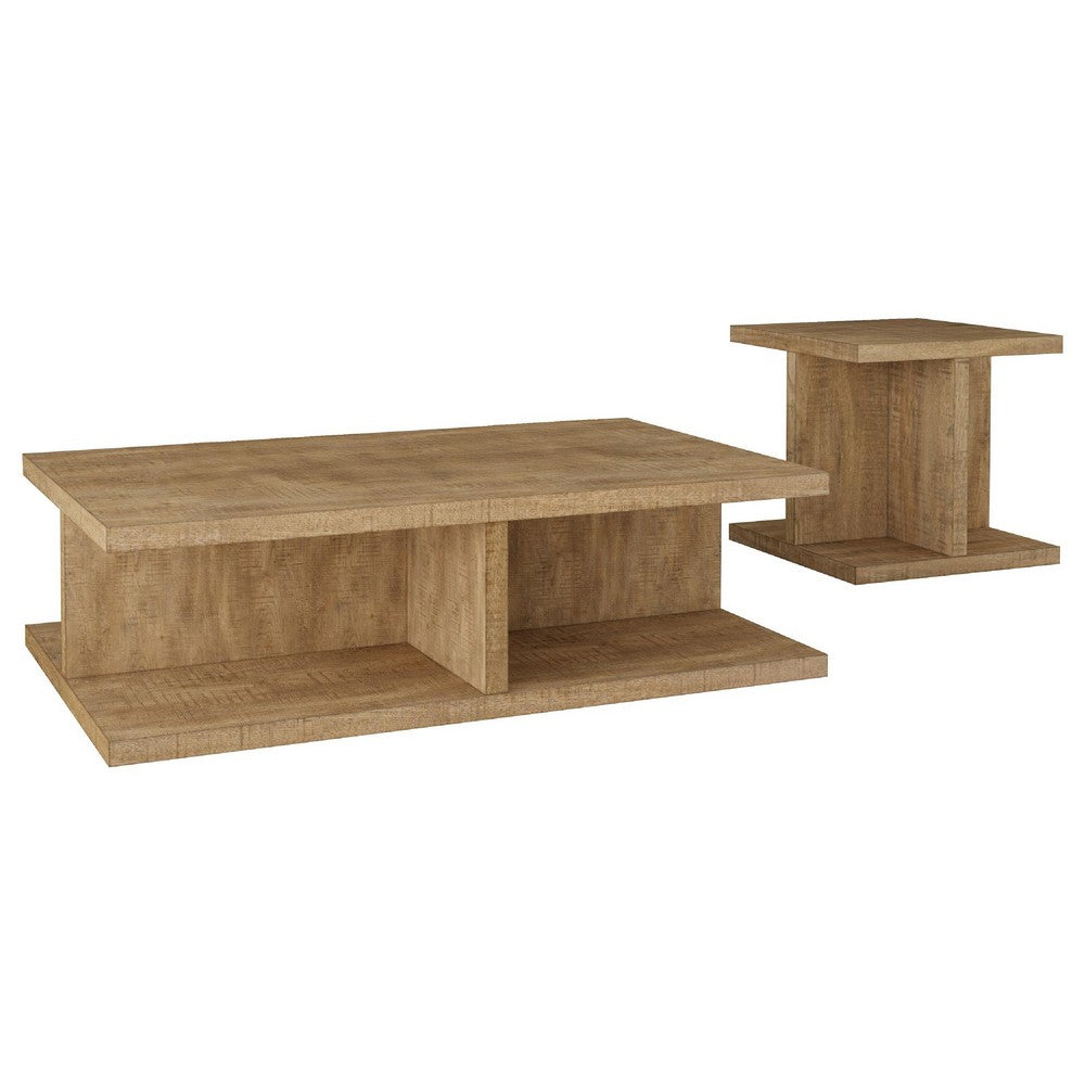 Chet 2Pc Coffee & End Table Set | Open Cube Base | Distressed Mango Wood