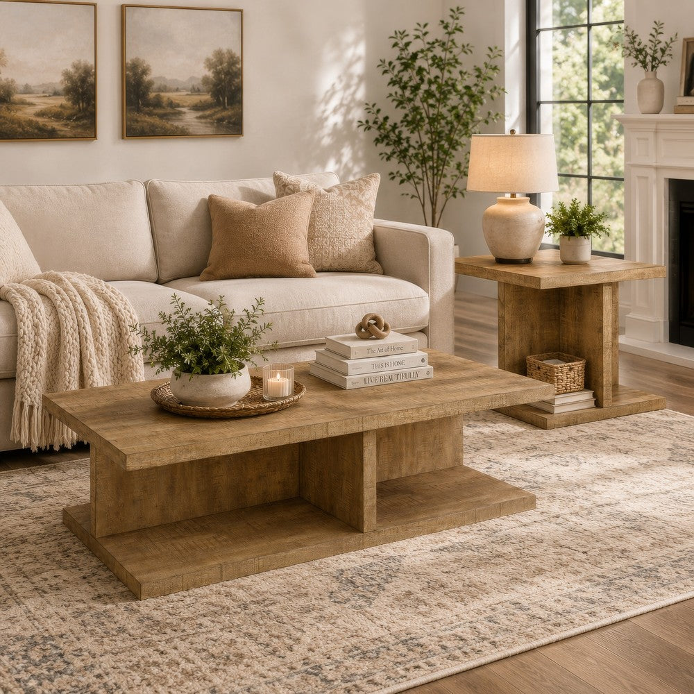Chet 2Pc Coffee & End Table Set | Open Cube Base | Distressed Mango Wood