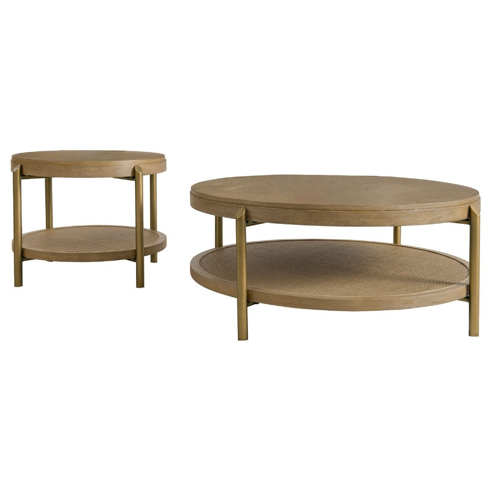Fij 2Pc Round Coffee and End Table Set | Lower Rattan Shelf | Brown Wood