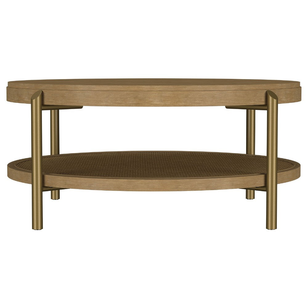 Fij 2Pc Round Coffee and End Table Set | Lower Rattan Shelf | Brown Wood