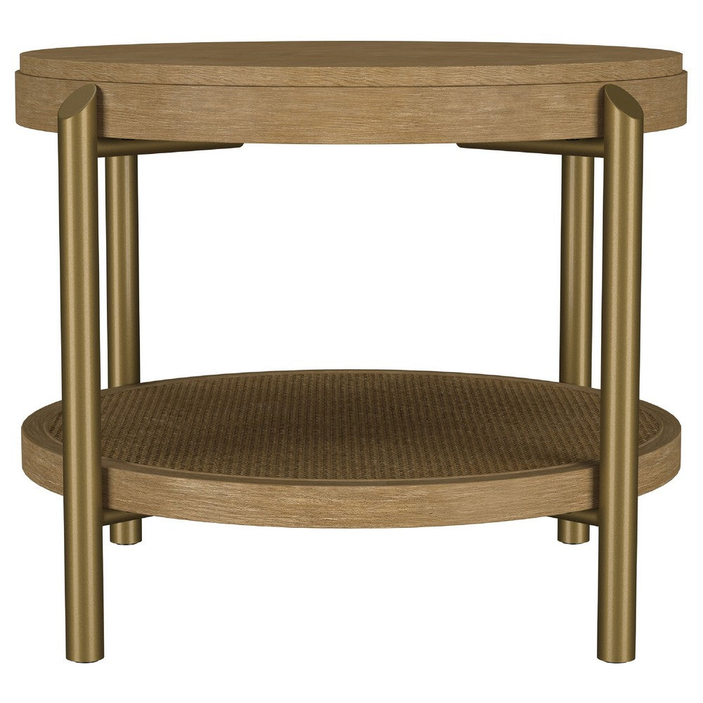Fij 2Pc Round Coffee and End Table Set | Lower Rattan Shelf | Brown Wood
