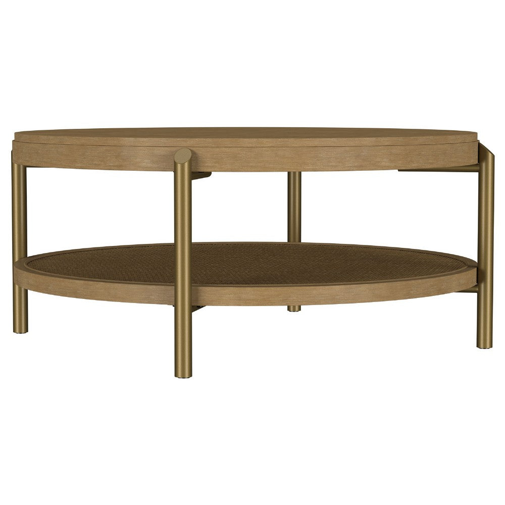 Fij 2Pc Round Coffee and End Table Set | Lower Rattan Shelf | Brown Wood