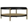 Fij 2Pc Round Coffee and End Table Set | Lower Rattan Shelf | Black Wood