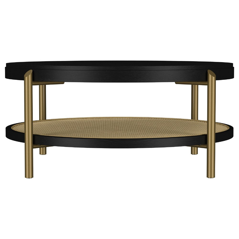 Fij 2Pc Round Coffee and End Table Set | Lower Rattan Shelf | Black Wood