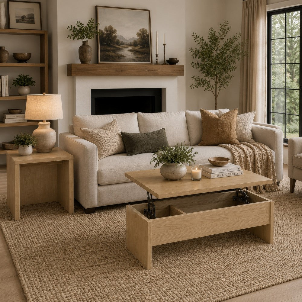 Kerra 2Pc Lift-Top Coffee Table and End Table Set | Light Oak Wood