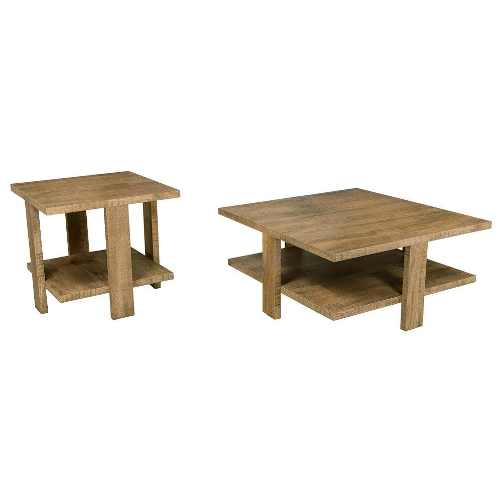 Dew 2Pc Coffee and End Table Set with Lower Shelf | Mango Brown Wood