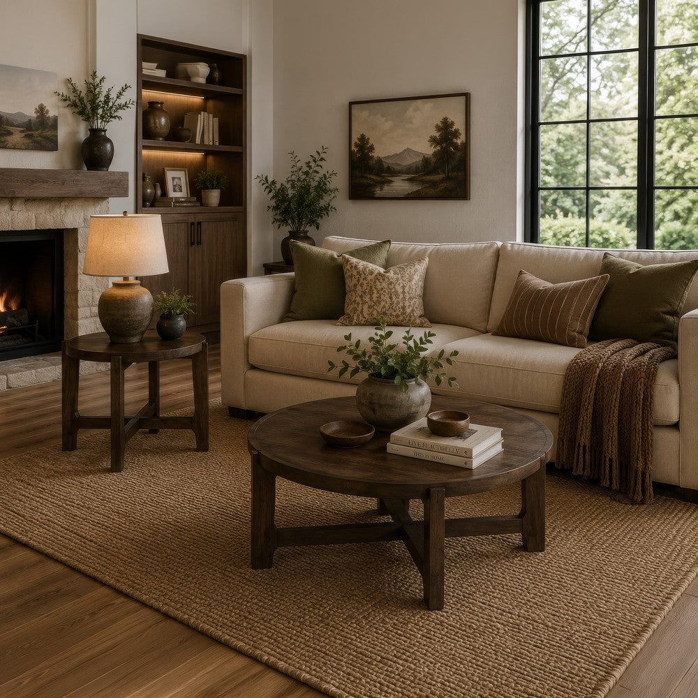 Katie 2Pc Coffee and End Table Set | X-cross Base | Brown Solid Wood