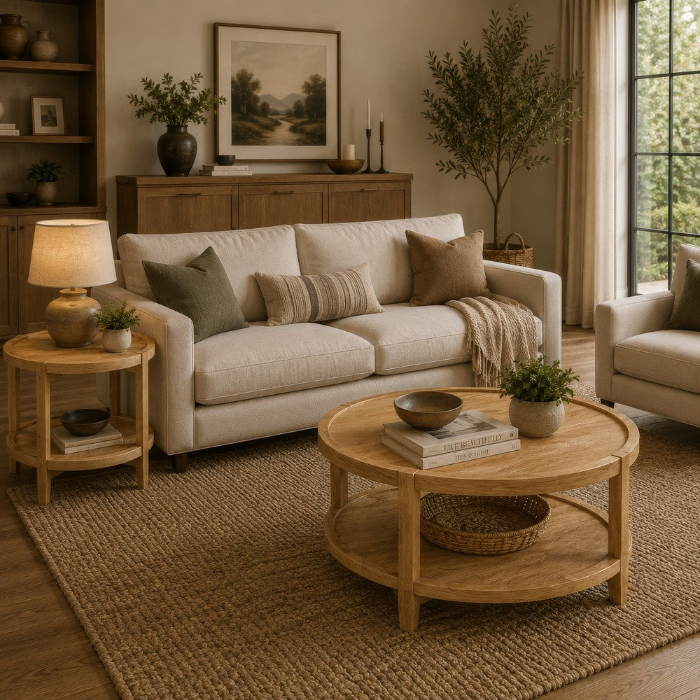Camilia 2Pc Round Coffee-End Table Set | Lower Shelf | Maple Brown Wood