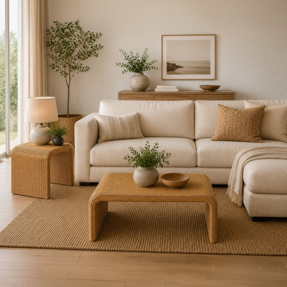 Gigi 2Pc Coffee and End Table Set | Woven Design | Natural Rattan-Metal