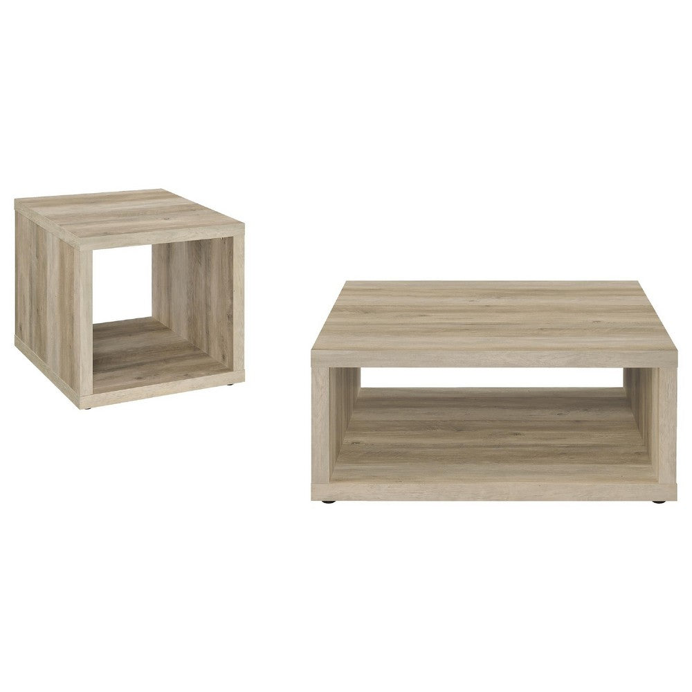 Rizz 2Pc Square Coffee and End Table Set | Lower Shelf | Distressed Wood