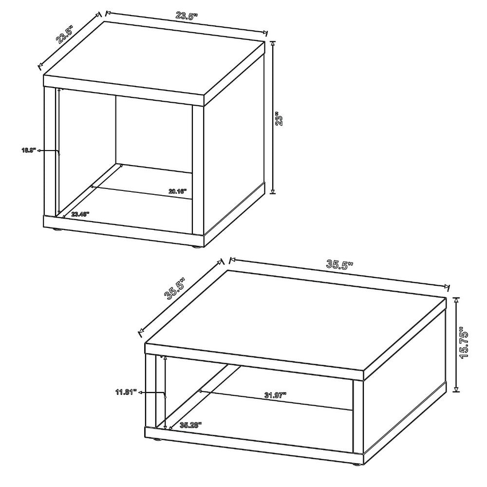 Rizz 2Pc Square Coffee and End Table Set | Lower Shelf | Distressed Wood