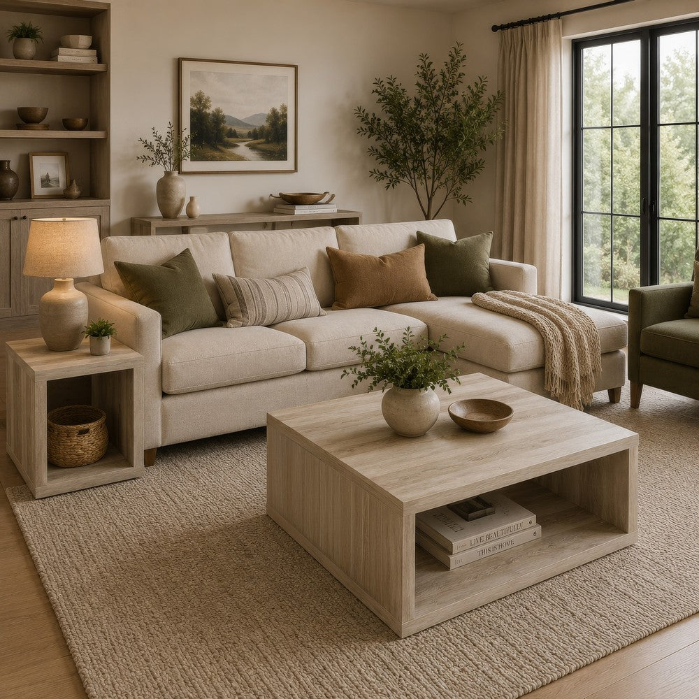 Rizz 2Pc Square Coffee and End Table Set | Lower Shelf | Distressed Wood