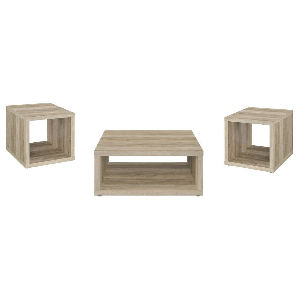 Rizz 3Pc Square Coffee and End Table Set w Shelf | Distressed Pine Wood