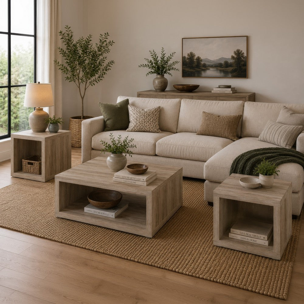 Rizz 3Pc Square Coffee and End Table Set w Shelf | Distressed Pine Wood
