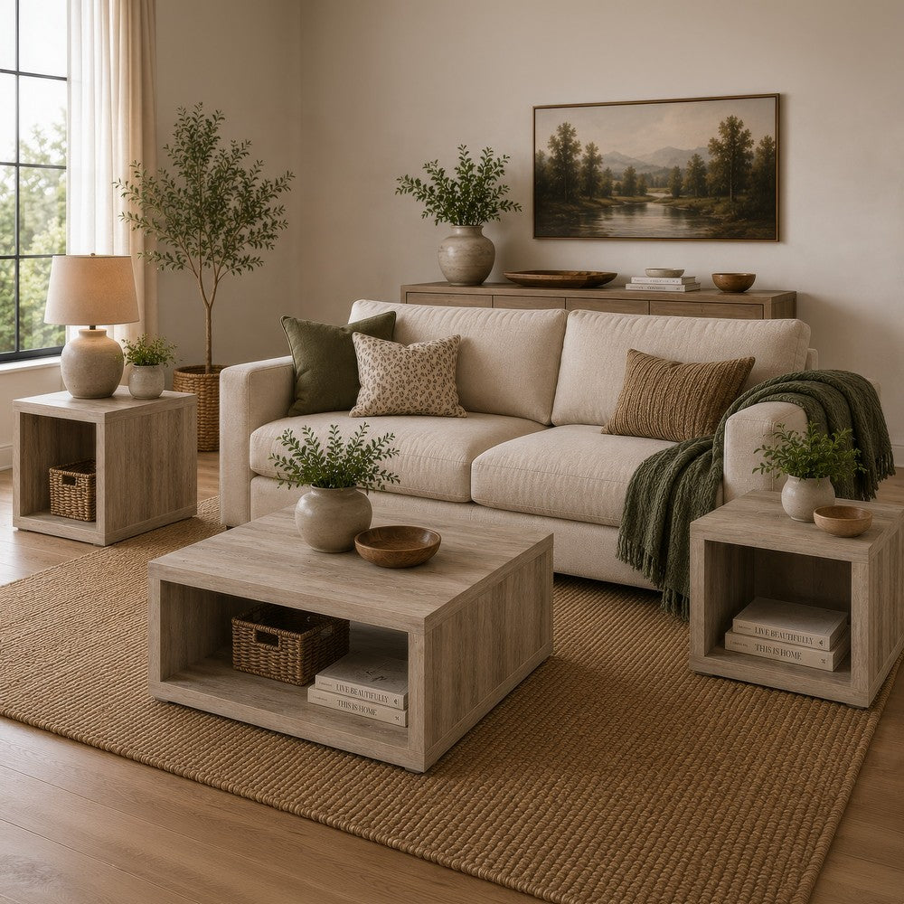 Rizz 3Pc Square Coffee and End Table Set w Shelf | Distressed Pine Wood
