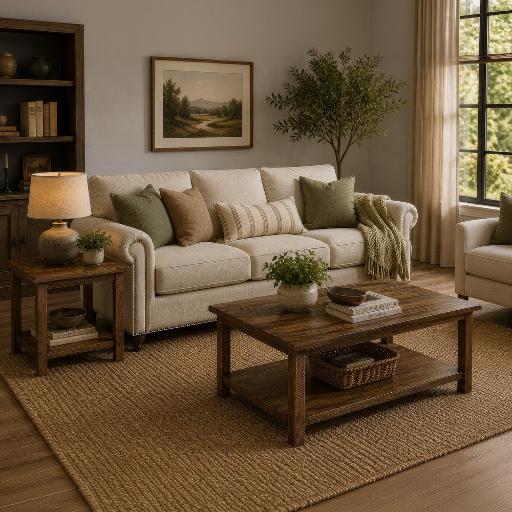 Ayne 2Pc Coffee and End Table Set | Lower Shelf | Distressed Brown Wood