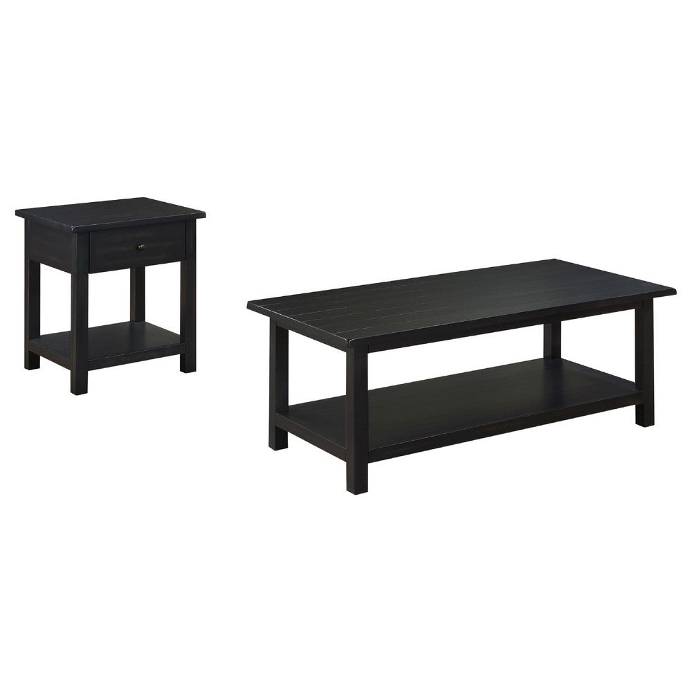 Ayne 2Pc Coffee and End Table Set | Lower Shelf | Distressed Black Wood