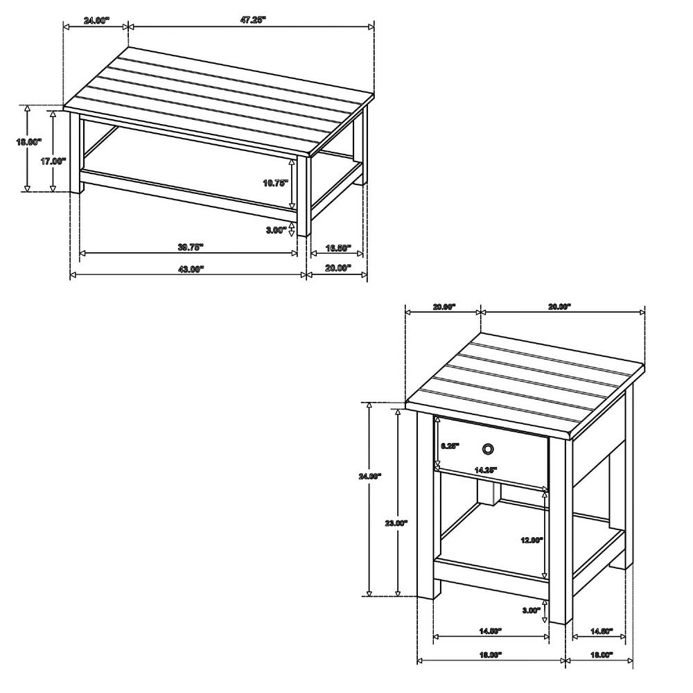 Ayne 2Pc Coffee and End Table Set | Lower Shelf | Distressed Black Wood