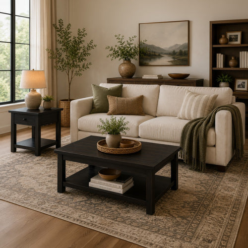 Ayne 2Pc Coffee and End Table Set | Lower Shelf | Distressed Black Wood