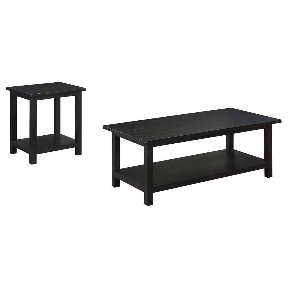 Ayne 2Pc Coffee and End Table Set with Shelf | Distressed Black Wood