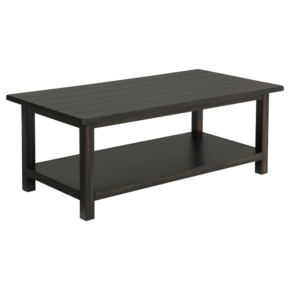 Ayne 2Pc Coffee and End Table Set with Shelf | Distressed Black Wood