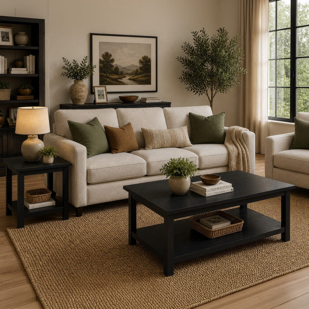 Ayne 2Pc Coffee and End Table Set with Shelf | Distressed Black Wood
