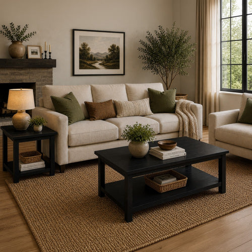 Ayne 2Pc Coffee and End Table Set with Shelf | Distressed Black Wood