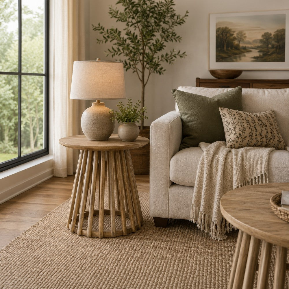 Trey Round End Side Table | Spindle Pedestal Base | Natural Mango Wood 22"